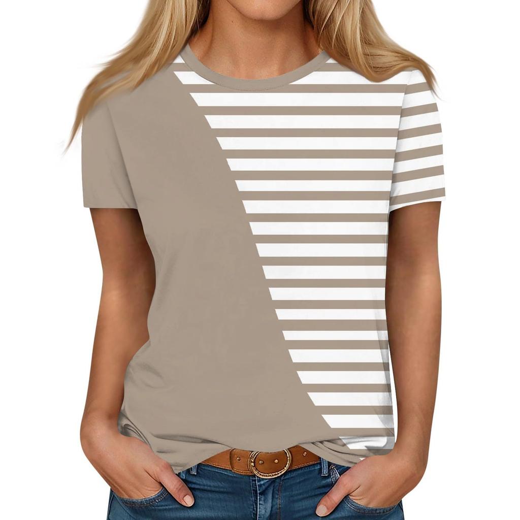 Summer Round Neck 3D Striped Print Top Fashionable Casual Short Sleeved Women's T-shirts