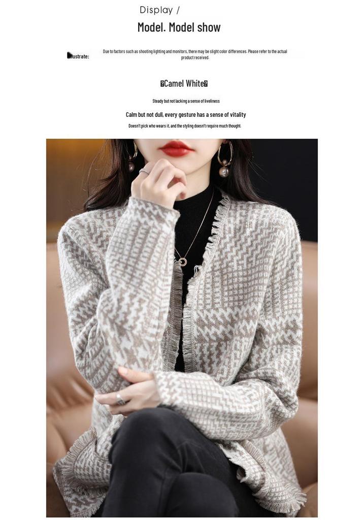 Women's French Chic Wool Houndstooth Cardigan - Autumn/Winter Thick Knit Tassel Coat