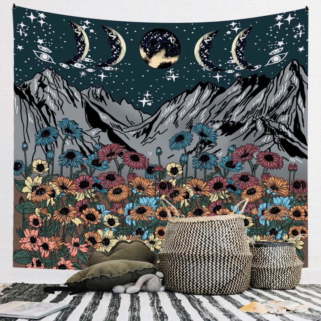 VIKAMA Vintage Floral Moon Phase Tapestry Bohemian Flower Star Moon Wall Blanket for Bedroom Living Room Dormitory Decor