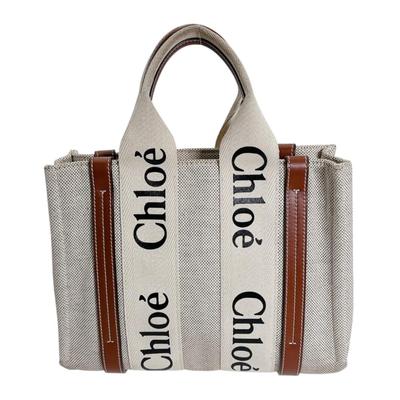 Woody Small Woody Handbag Tote Bag Cotton Canvas Beige Women Used