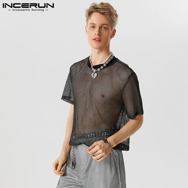 

INCERUN Прозрачные мужские прозрачные ажурные рубашки с коротким рукавом сетчатые топы