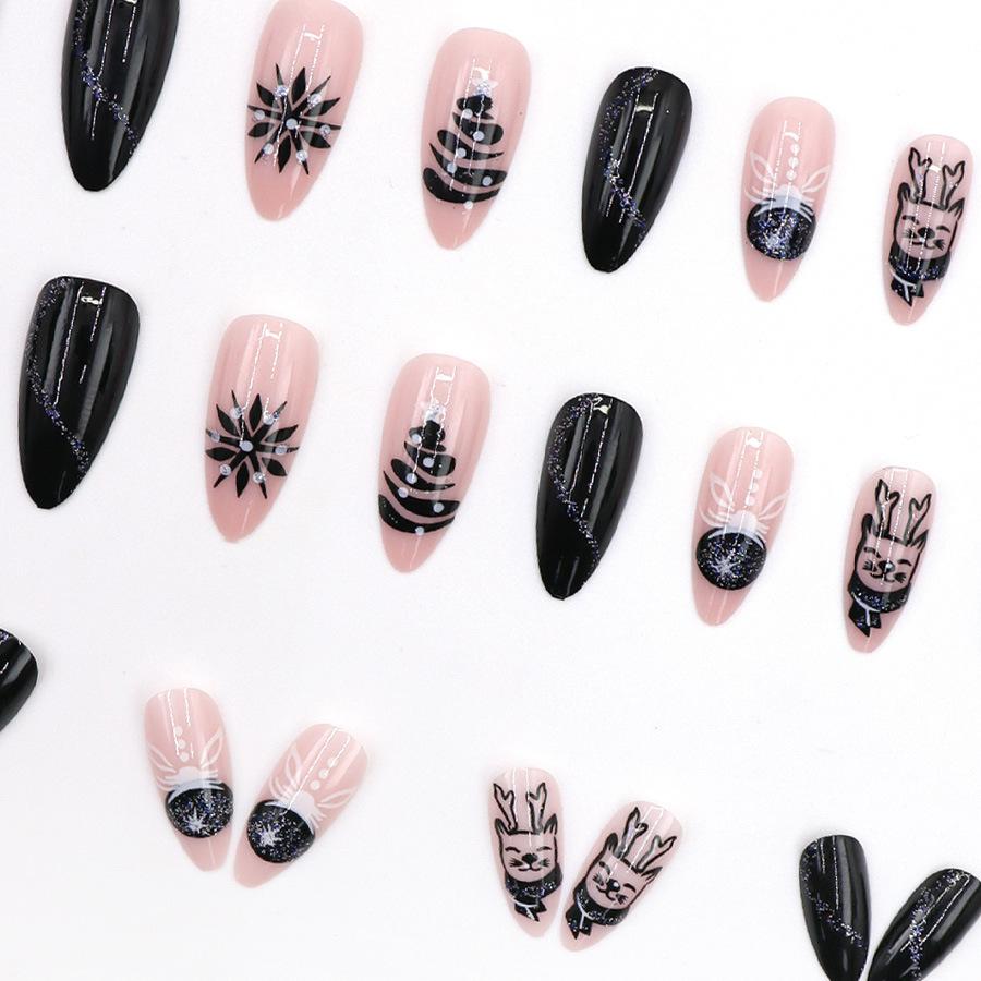 24Pcs Blue Black Night Sky Glitter Snowflake Reindeer Christmas French Press On Nails Perfect Gift For Girls
