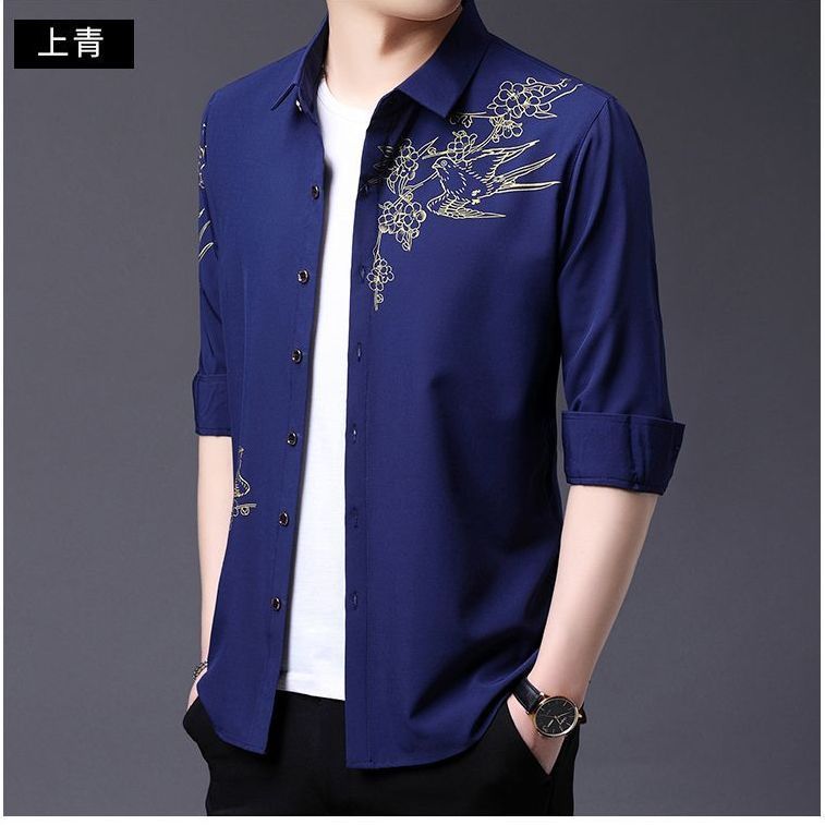 Spring Thin New Long-sleeved Shirt for Men's Printed Lapel Thin Iron-free Casual Business Large Size