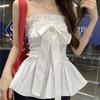Sweet Wind White Bow Strap Tube Top Women's Summer French Ruffle Edge Chic Waist Slim Top