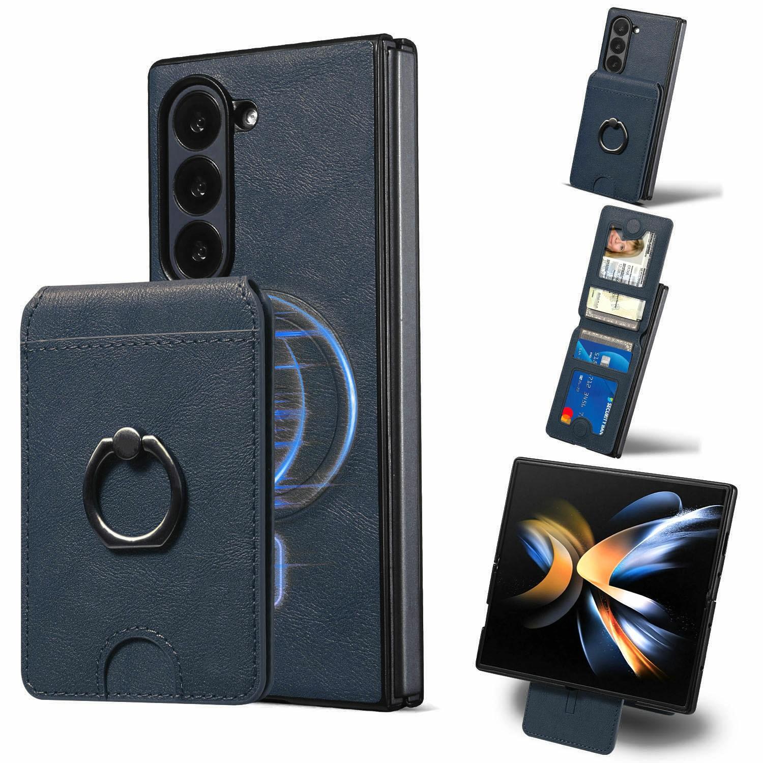 

For Samsung Galaxy Z Fold6 5G Magnetic Case PC+PU Phone Back Cover with Detachable Card Holder Blue