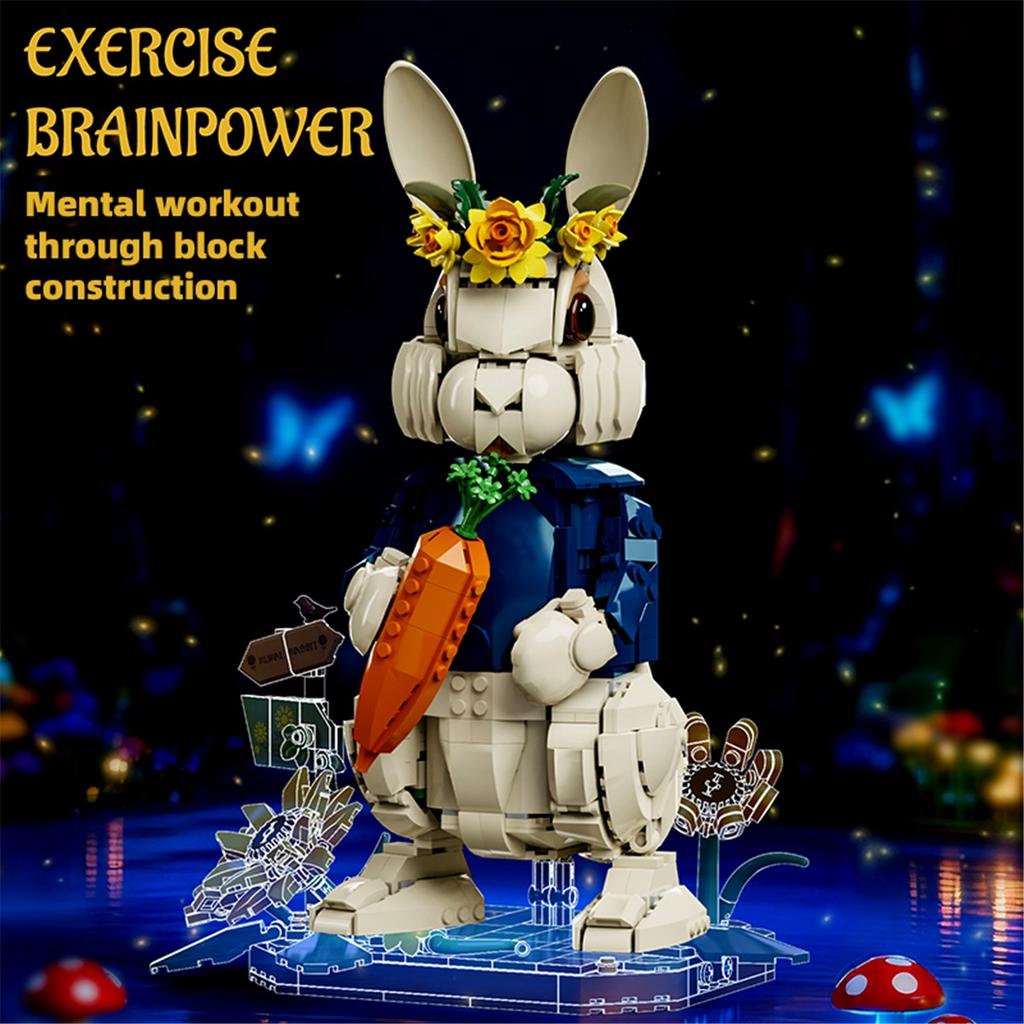 Creative architectural building blocks, pastoral style rabbit, 1258 pieces, animal models, home decoration, rural flowers, rabbit, assembly toys