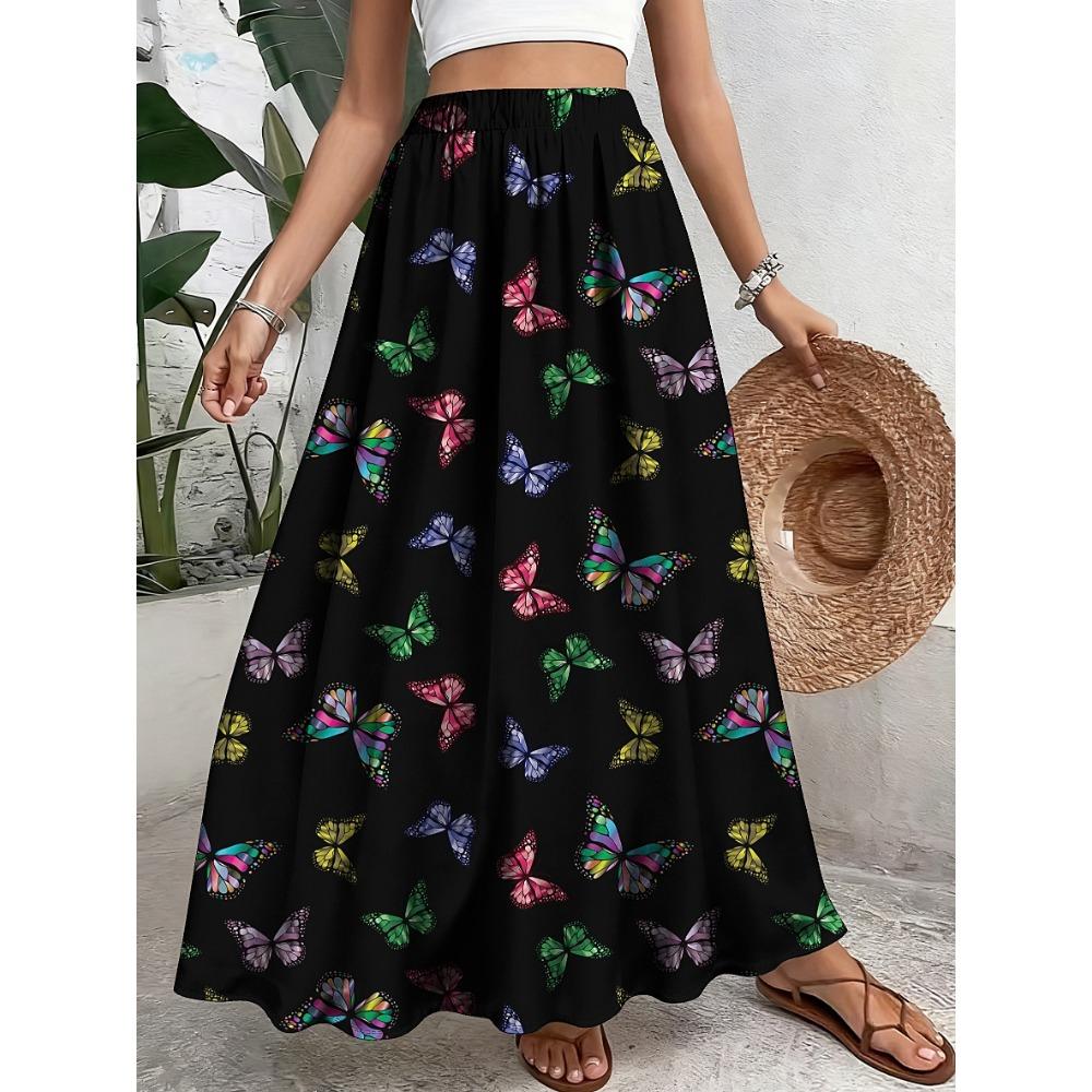 Plus Size - Elegant Floral Print Skirt - Casual A-Line, Non-Stretch Fabric, with Elastic Waistband