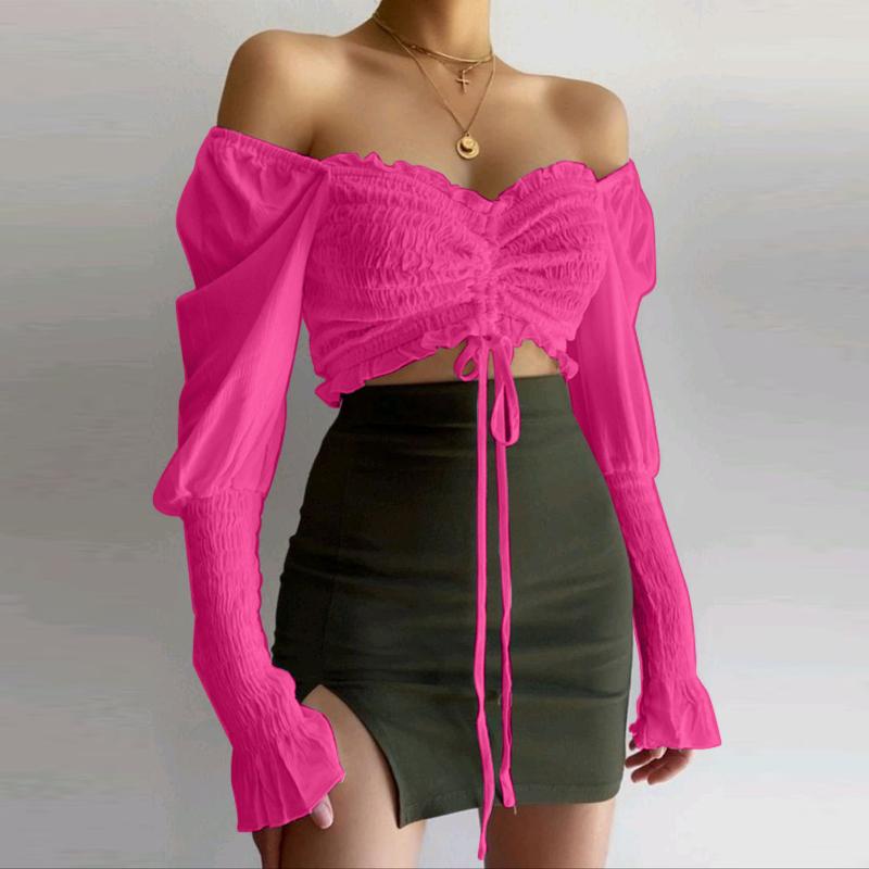 

VONDA Женские однотонные кружевные плиссированные блузки с открытыми плечами и длинным рукавом M ярко-розовый