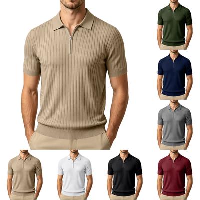 Men's Summer Short Sleeve Polo Shirt Ribbed Knit Half Zip Collar Casual Lightweight Breathable Pullover Top for Everyday Wear