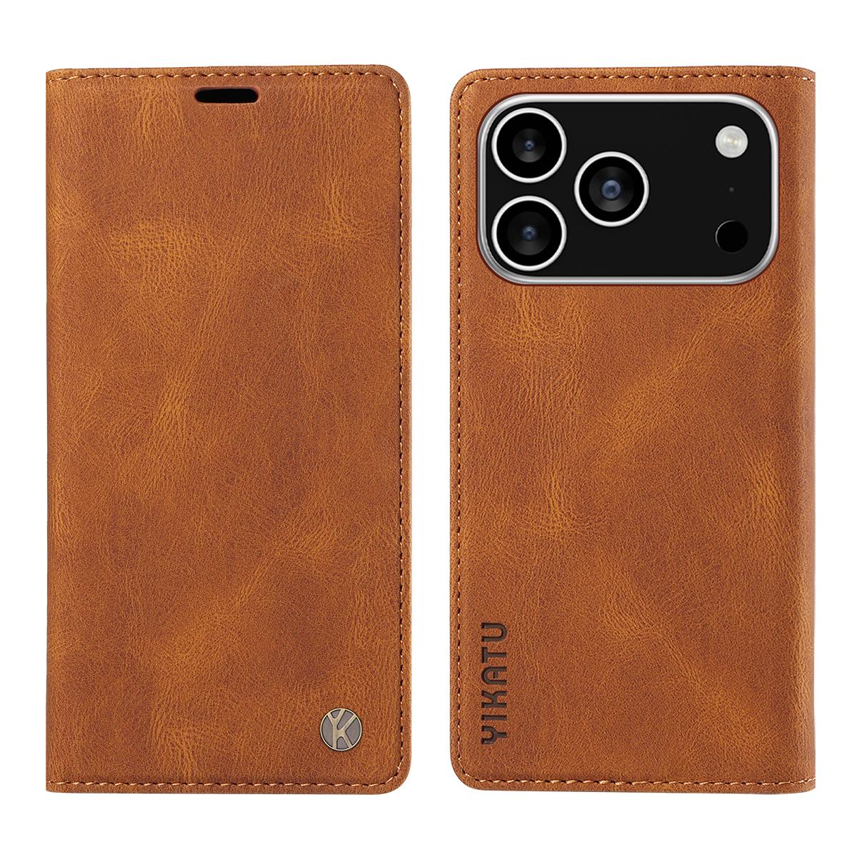 

Кожаный чехол для iPhone 17 Pro YIKATU YK-004 с эффектом кожи и кошельком Brown