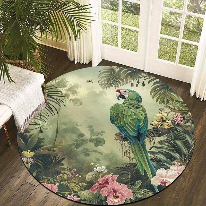 Tropical Parrot Round Rug with Lush Greenery Print Soft Flannel Carpet for Nature Enthusiasts Home Decor Floor Mat
