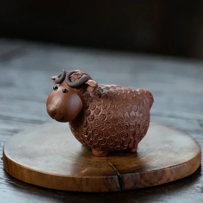 Chinese Yixing Purple Clay Tea Pet Lucky Sheep Statue Tea Figurine Ornaments Handmade Sculpture Crafts Home Tea Set Decoration