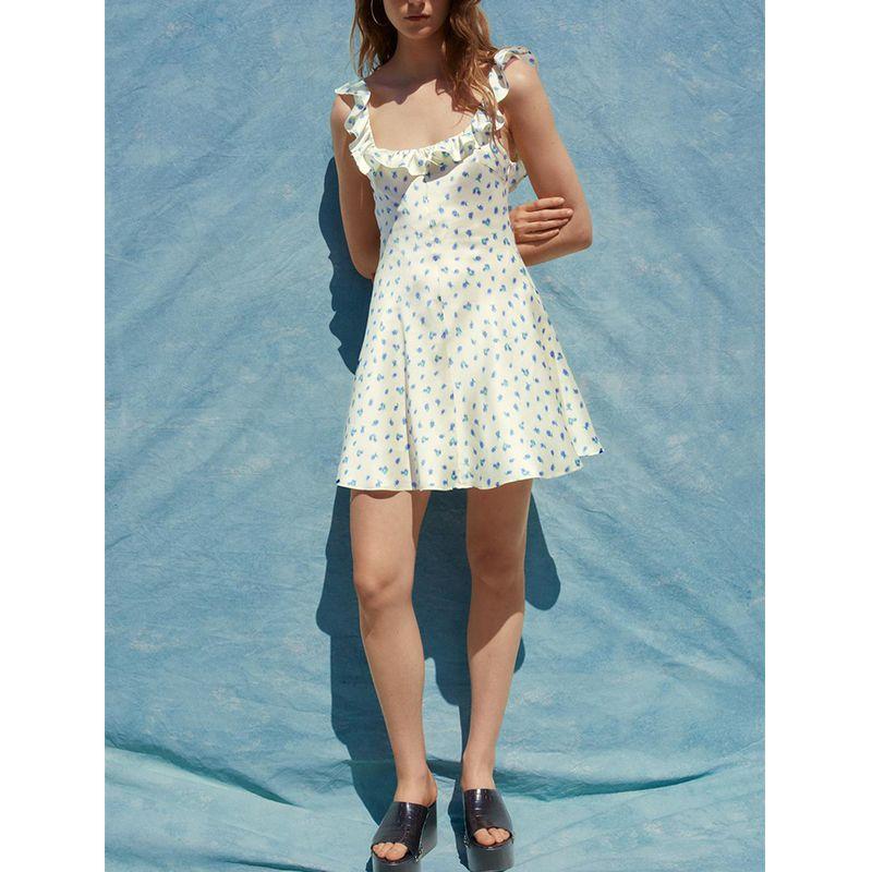 Summer New Product Women's Clothes Sweet Style Ruffles Silk Satin Texture Print round Neck Dress 2940067