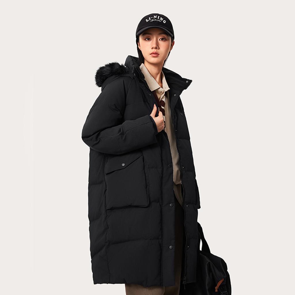 Li Ning Sports Trend Series Casual Simple Comfortable Loose Cold Resistant Warm Outdoor Solid Color Long Down Jacket Women Outerwear Black AYMU192-3