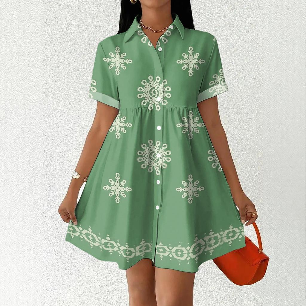 Casual Loose Fit Shirt Dress with Button Front and Stand Collar Short Sleeve Printed Summer Dress for Women