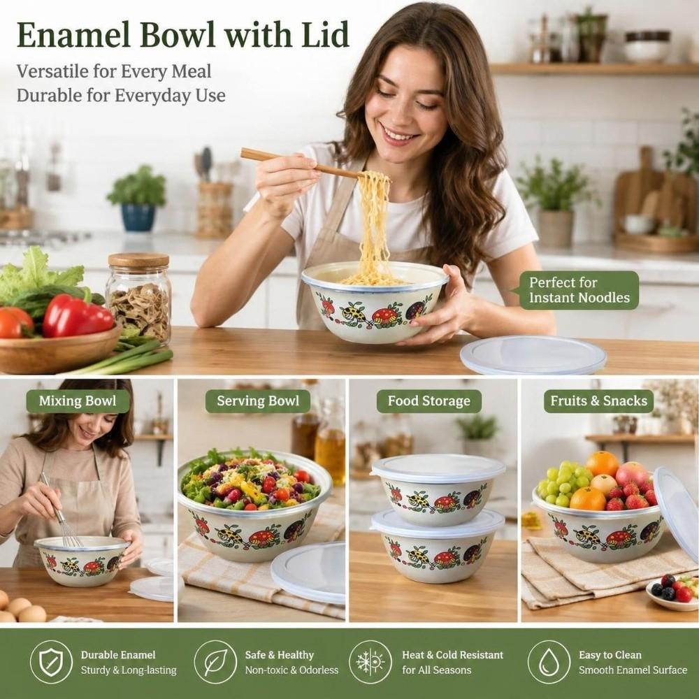 Floral Enamel Mixing Bowl Chinese Rose Print Instant Noodle Bowl Office Lunch