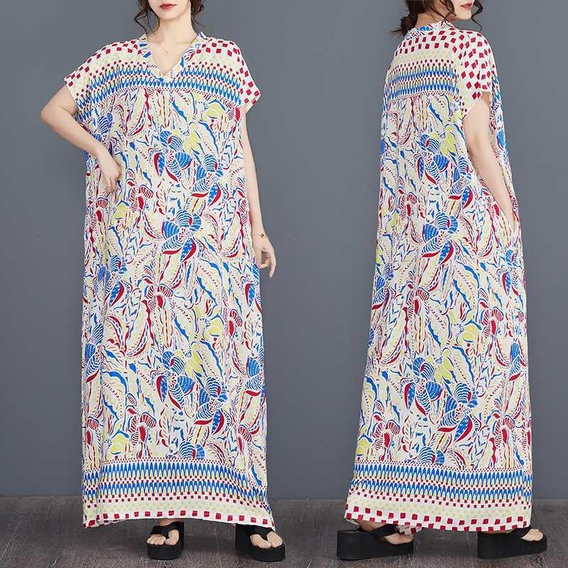 Real Spot Summer New Fresh Cotton Silk Positioning Flower Bohemian Robe Dress V-neck Robe Women