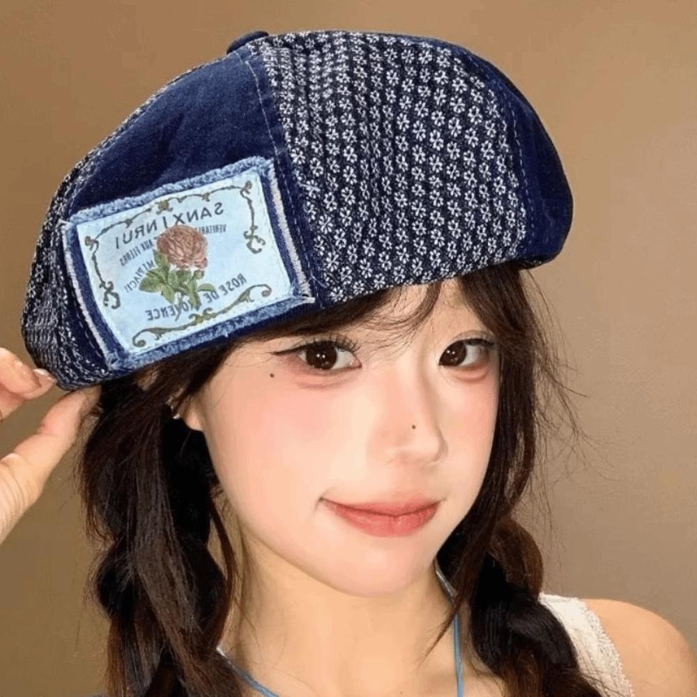 Y2k Denim Berets Korean Painter Cap Retro Patch Splicing Beret  Streetwear