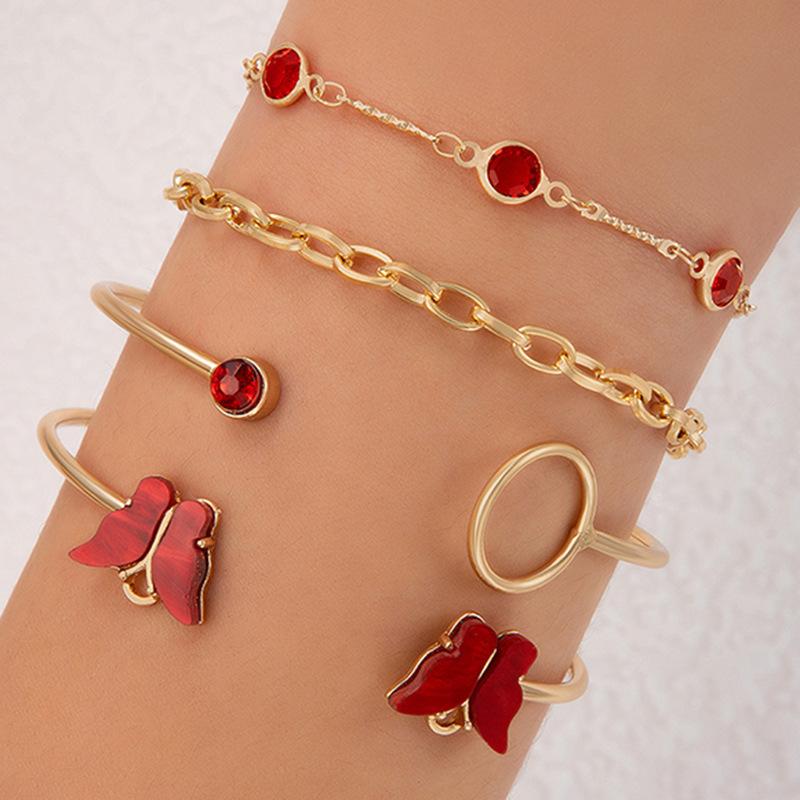 Accessories, Butterfly Imitation Gemstone Hollow Four-layer Bracelet, Geometric Opening Four-piece Bracelet Set
