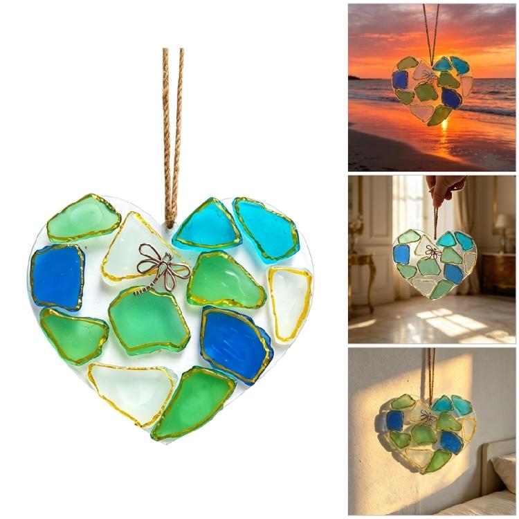 Blue Green White Sea Glass Pendant Hanging Decoration Sea Glass Heart Ornament for Living Room Decoration Car Interiors