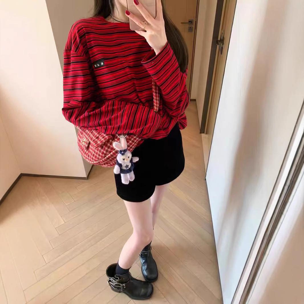 

Spring 2025 Red Striped Loose-Fit Round Neck Long Sleeve T-Shirt Large