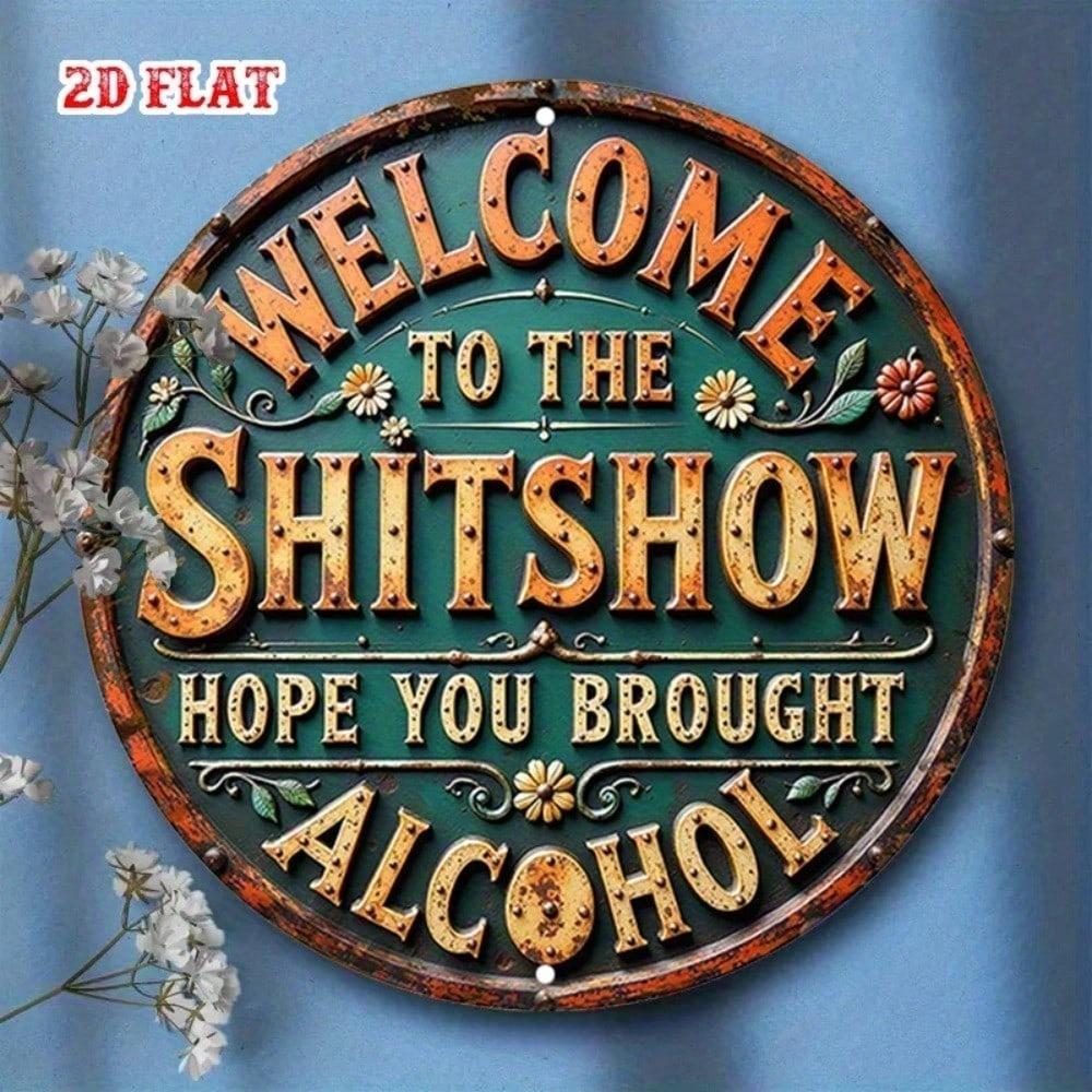 Vintage Beer Drinking Metal Tin Sign, 7.87 Inch Round Retro Bar Wall Art, Funny Man Cave Decor, Distressed Aluminum Plaque