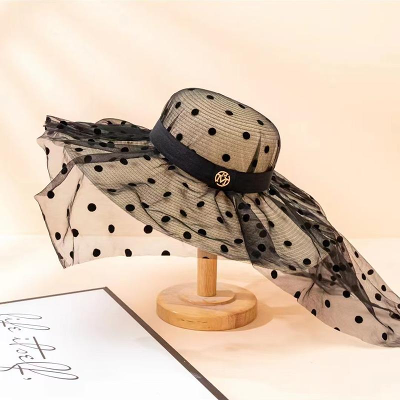 Summer Elegant Dot Mesh Straw Hat Women Wide Brim Sun Protection Beach Hat 2025 New Floppy Foldable Sun Hats for Women Ladies