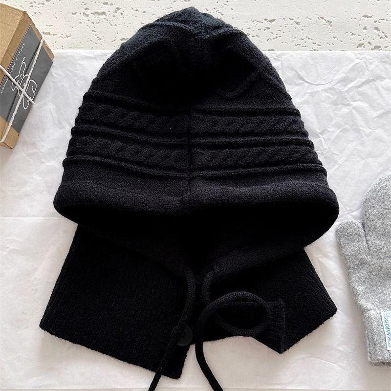 Wool Knitted Balaclava Hat with Neck Warmer Integrated Gloves Autumn Winter Neck Protection Warm Stylish Red with Gloves