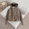 Womens Hooded Fleece Patchwork Knit Sleeve Short Cotton Puffer Coat 2026 Winter Warm Casual Slim Fit Versatile Jacket