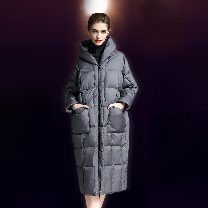 Women's Winter Europe Station Down Jacket Women's Long Over Knee Hooded Loose Thickened Long Slim Down Jacket Tide