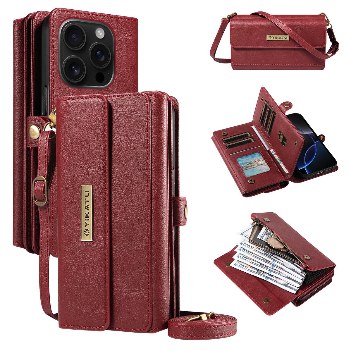 

For iPhone 16 Pro Case YIKATU YK-008 Zipper Wallet Leather Phone Cover with Shoulder Strap Red