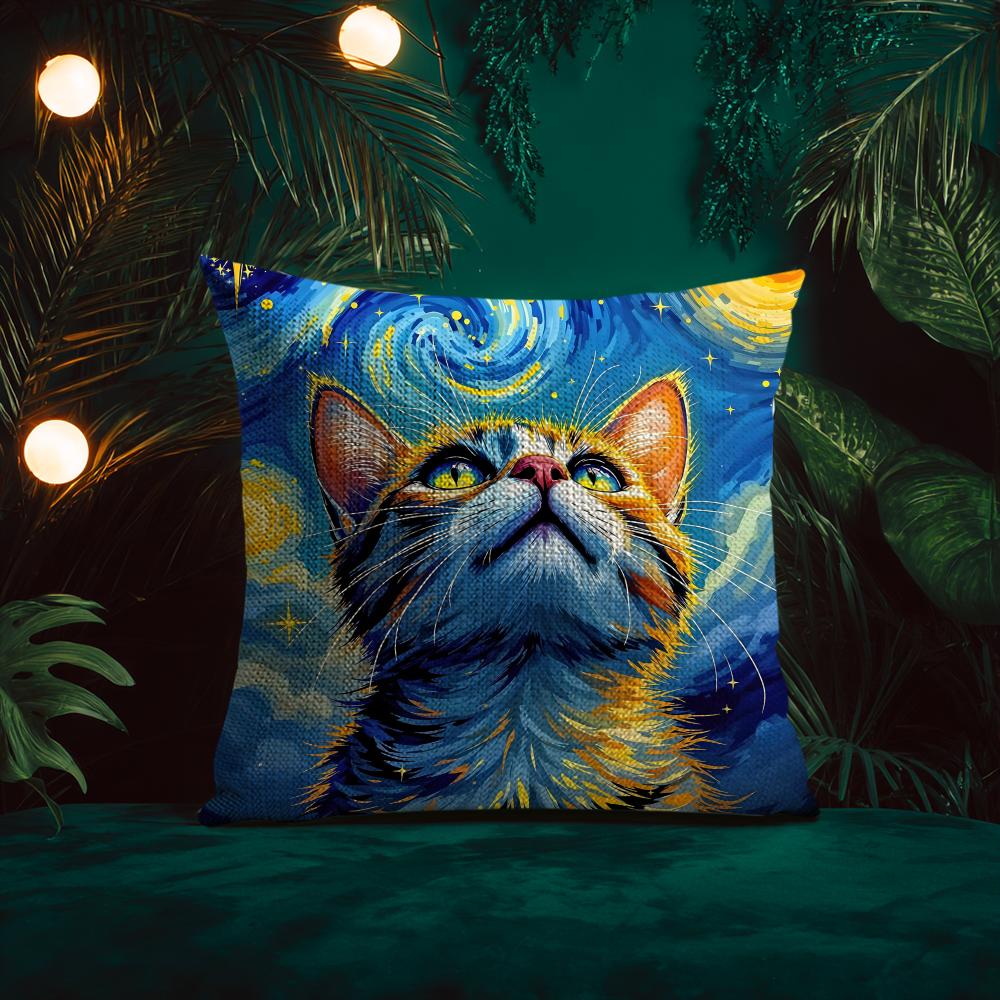 The Starry Night Cat Cushion Cover Natural Linen Pillow Case Double-Sided Print Decorative Sofa Pillowcase Home Decor Gift