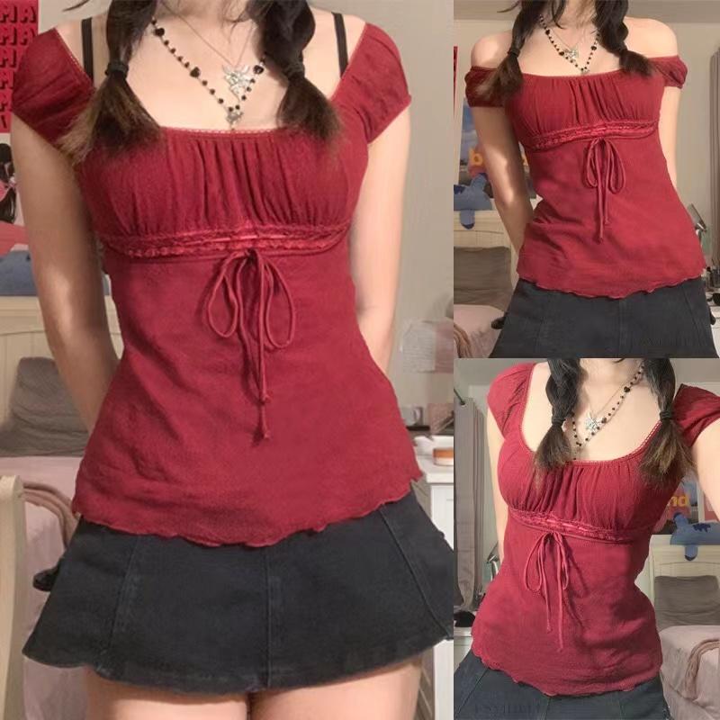 Elegant Lady Square Collar T-shirt Kawaii Bow Short Sleeve Pullovers Tees Y2K Vintage Fairy Women Crop Top Retro Clothes