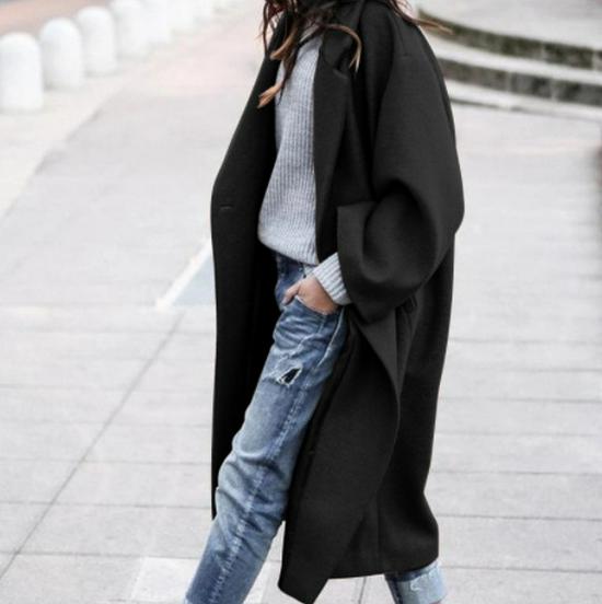 2022 Women's Plus Size Woolen Overcoat - Stylish European & American Solid Color Design