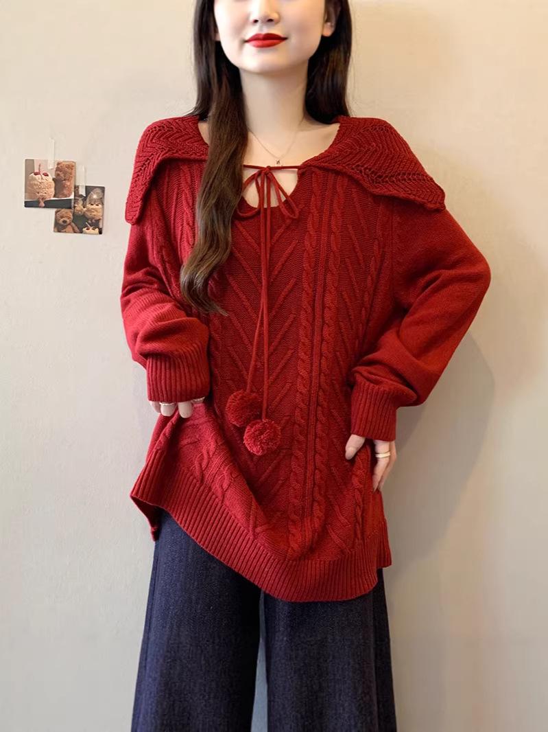 2026 Spring Plus Size Women s Korean Doll Collar Slimming Red Sweater 4XL