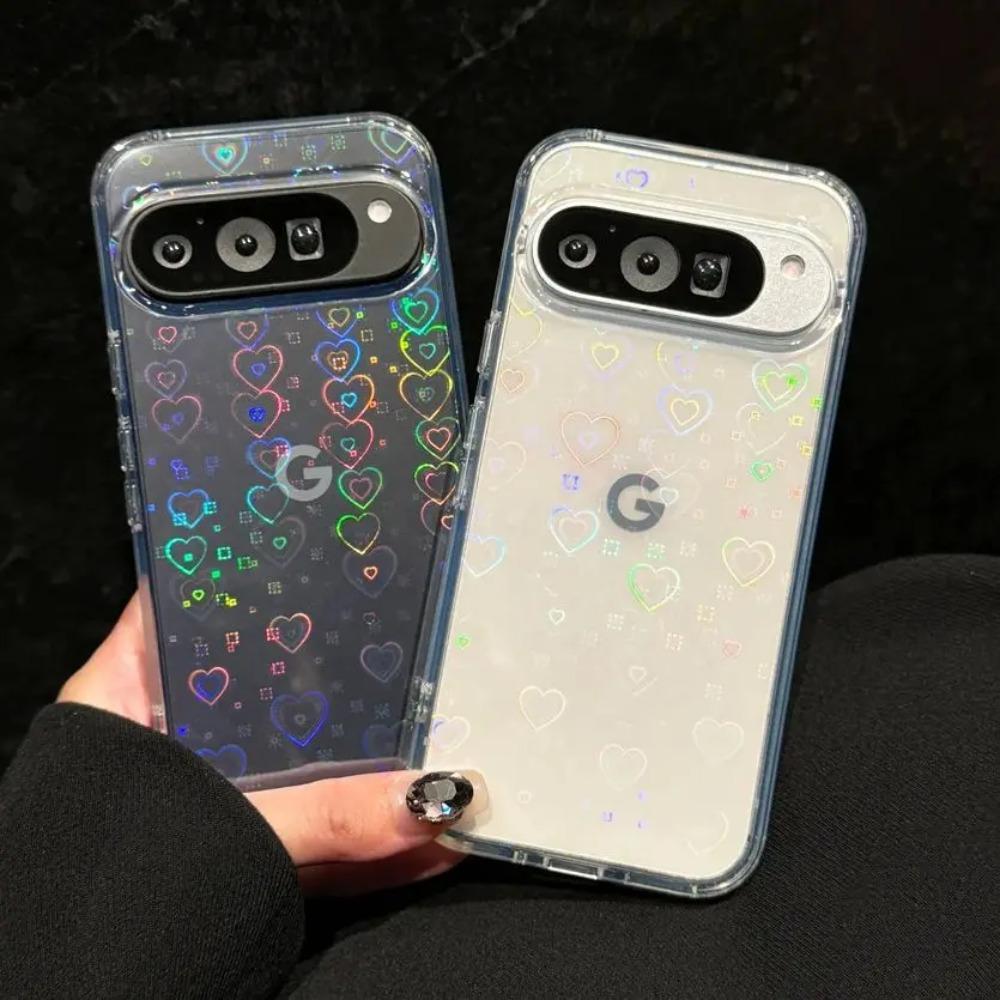 Gradient Laser Love Heart Pattern Clear Case For Google Pixel 10 9 Pro XL 10A 9A 8 8Pro 8A Glitter Transparent Shockproof Cover