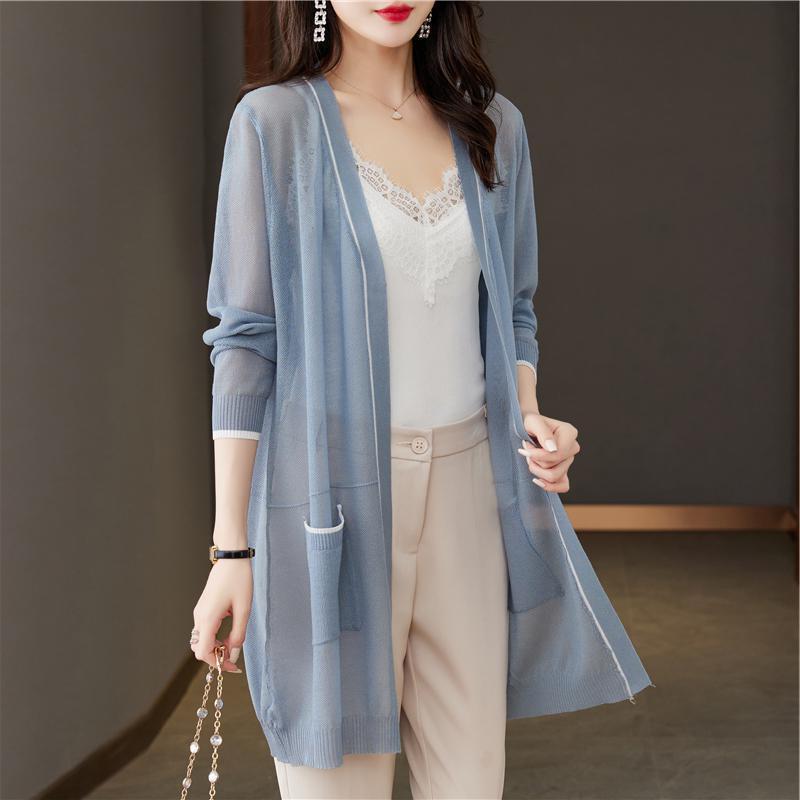 Summer Women s Large Size Comfortable Knitted Sun Protection Cardigan Mid-Length Open-Shirt Style Fashionable Outerwear XS синий