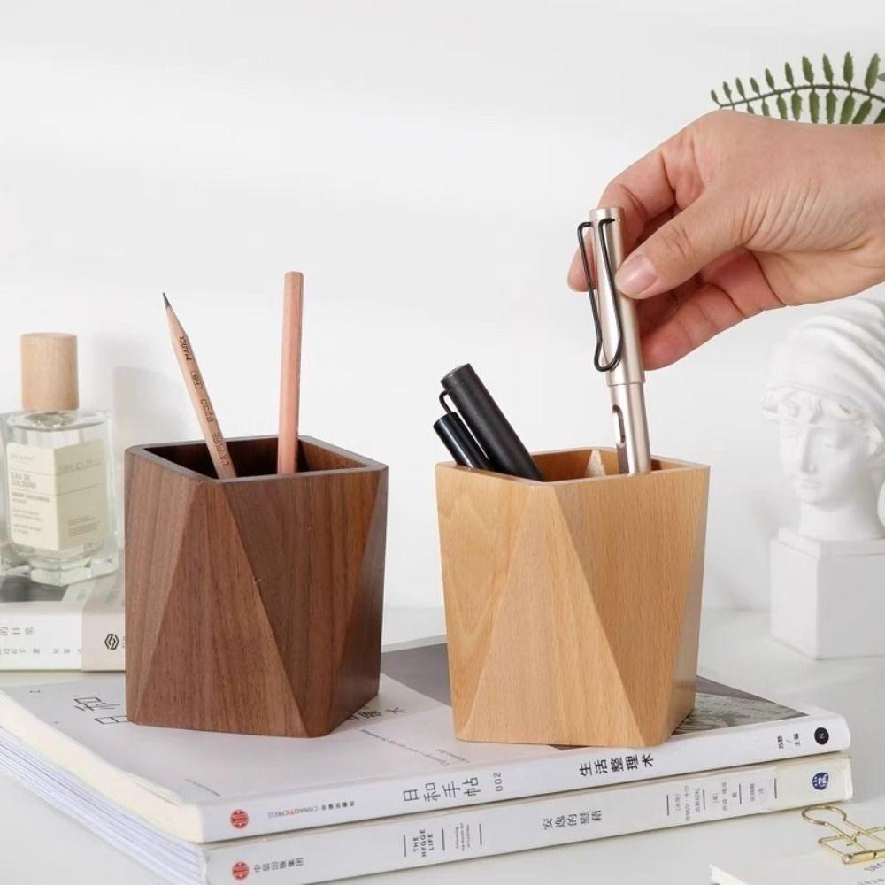 High Quality Wood Pen Holder Large-capacity Portable Pen Container Desktop Storage Bucket Back To School