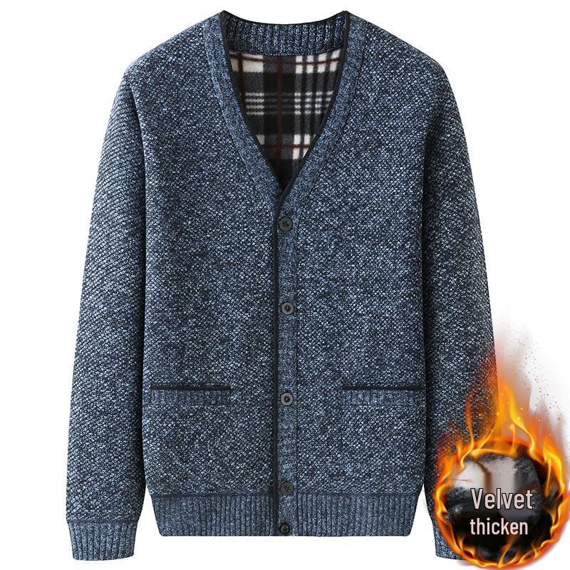 Men's Grey Plus Velvet Cardigan Sweater - Autumn/Winter Warm Knitwear for Middle-aged and Elderly