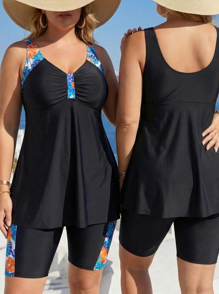European & American Plus Size Two-Piece Floral Tankini: Orange-Yellow Skirted Swimsuit