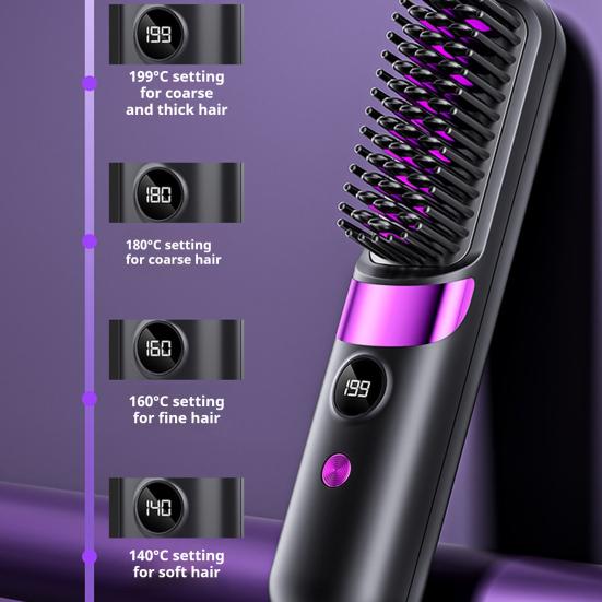Portable Hair Straightener Brush 4 Temperature Adjustable LED Display Fast Heating Cordless Electric Hot Brush Curly Hair Styling Detangling Comb