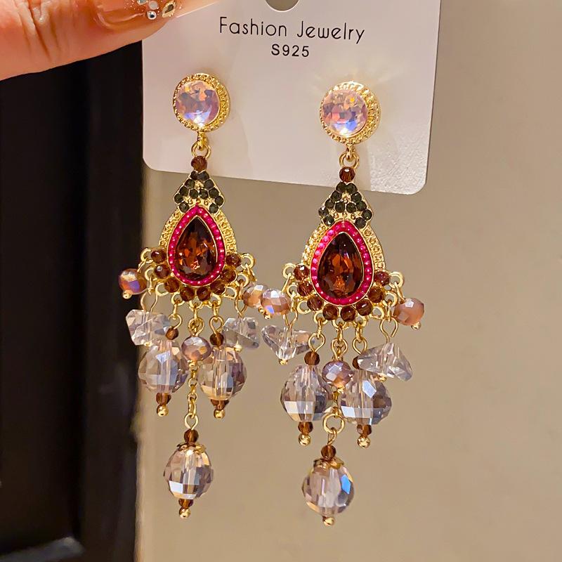 Retro Silver Needle Zircon Glass Water Drop Earrings Court Temperament Stud Earrings Personality Trend Versatile Earrings Women