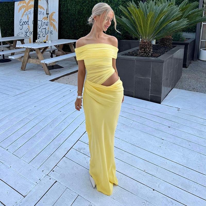 Women Off Shoulder Mesh Dress Formal Wedding Evening Dress Slim Maxi Dresses