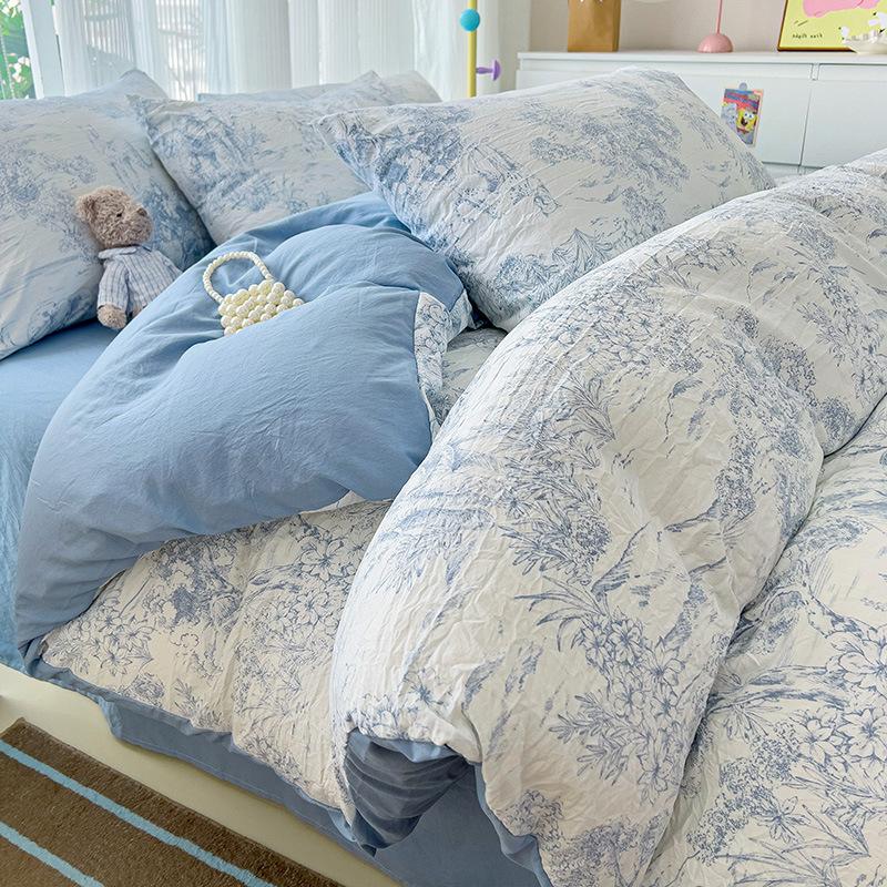 Small Fresh Mattress Quilt Cover Class A Maternal And Infant Grade Cartoon Dormitory Bed Sheet Three-Piece Set Super Soft Washed Cotton 4Pcs Set