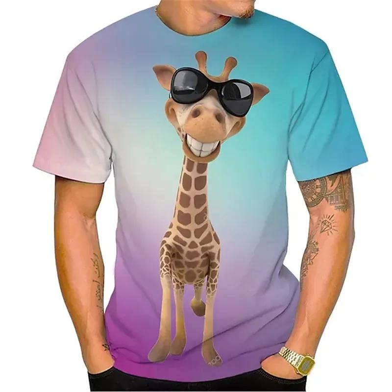 Men Funny Giraffe Animal Print T‑Shirt Round Neck Plus‑Size Summer Casual Short Sleeve Daily Tops