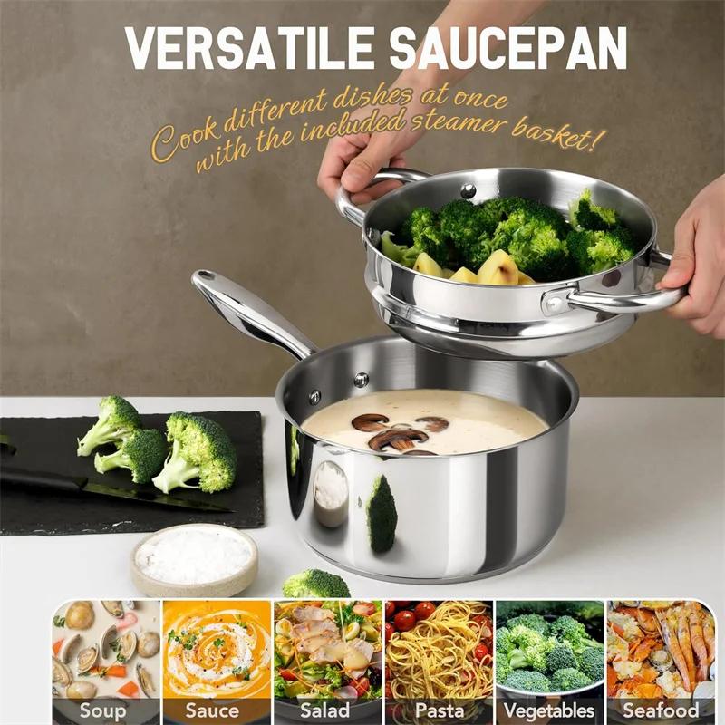 MICHELANGELO Stainless Steel Saucepan Set 1QT & 2QT Sauce Pot with Lid Milk Pot Pasta Pot Nonstick 3QT Saucepan with Steamer