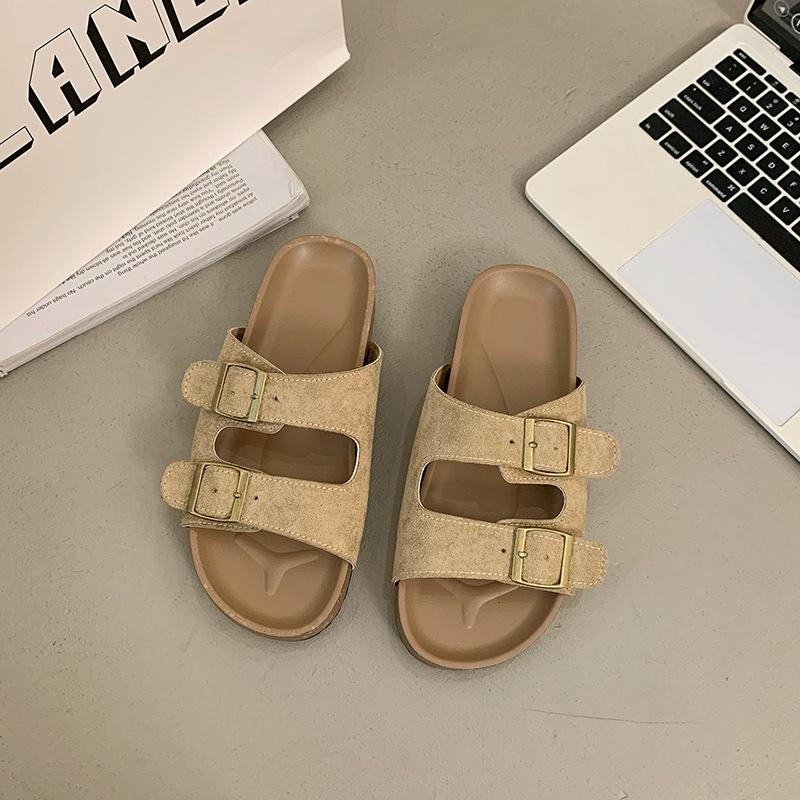 British style retro buckle slippers women's summer wear 2025 new Korean version of one-word drag beach shoes cool slippers