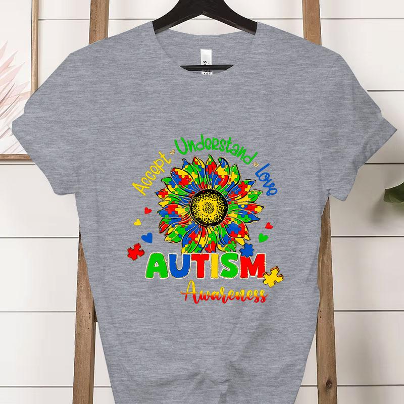 Autism Awareness Woman Tshirts Accept Understand Love Shirt Autism Teacher Gift Autism Gift for Mom Proud Short Sleeve Tshirt
