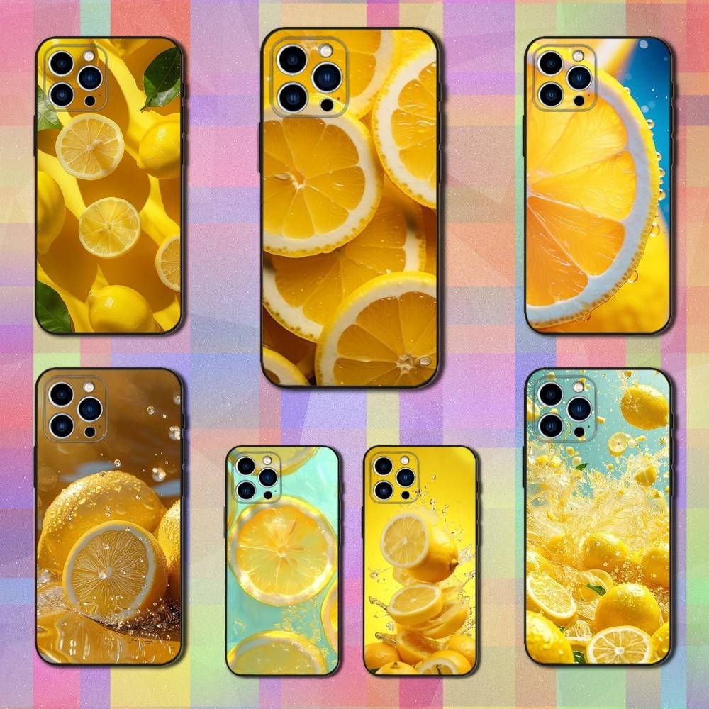 Fruit Art lemon Phone Case For iPhone 15,14,13,17,16,12,11,Plus,Pro Max,XS,X,Mini,8,7,XR,SE,Soft Silicone Black