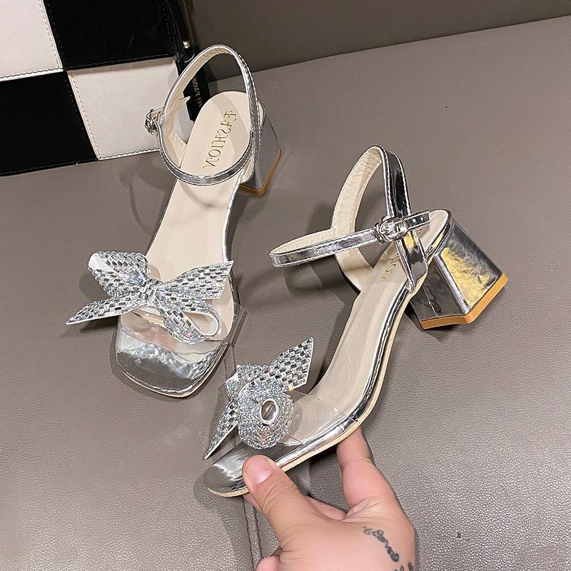 

Темпераментные туфли с открытым носком на толстом каблуке, женские, 2025, новая весенне-летняя мода, простые и нежные хрустальные босоножки на высоком каблуке 35 серебряный